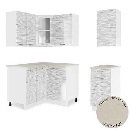 Кухонный гарнитур угловой Танго белый страйп (столешник берилл, без мойки) 