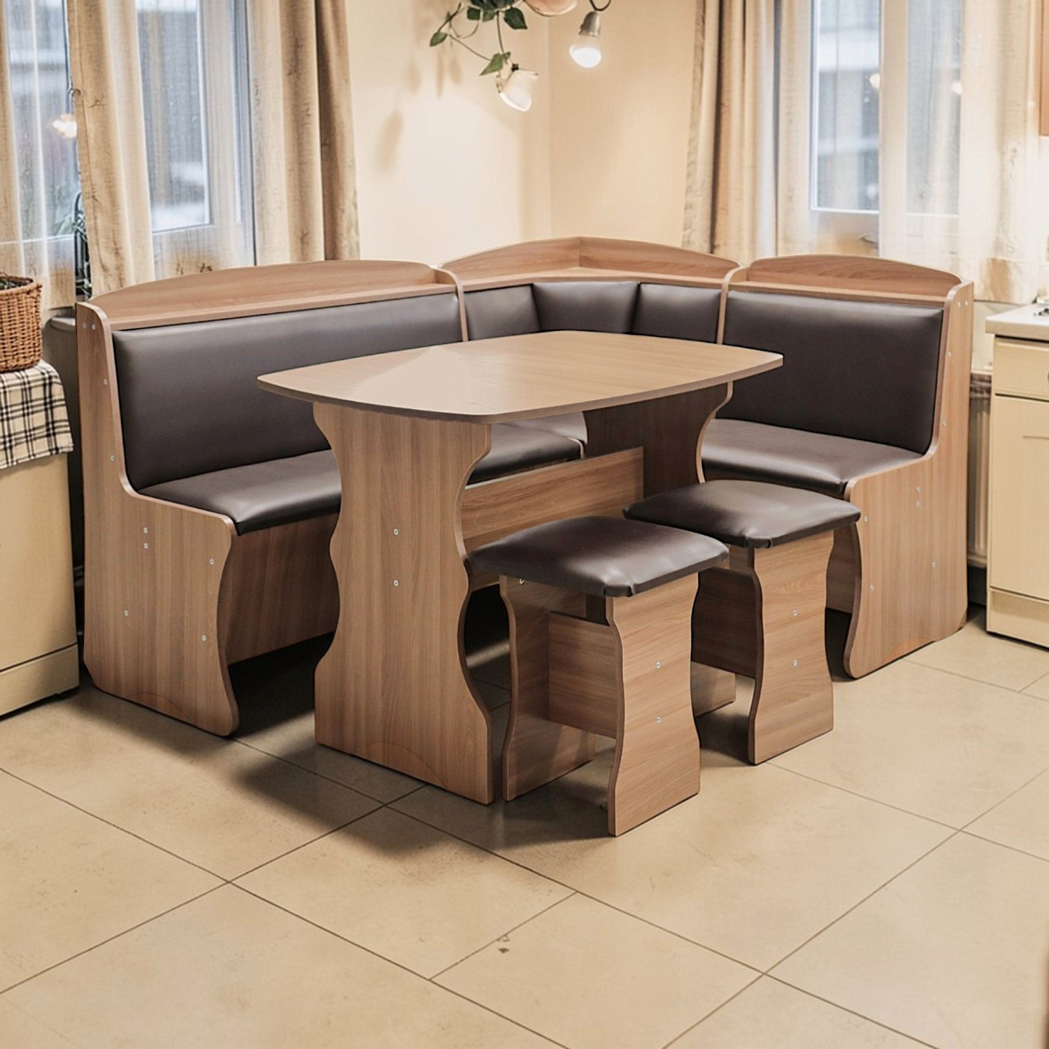 Обеденная группа, Ясень шимо темный (скамья, стол, табурет), Кож.зам. Sicilia BROWN