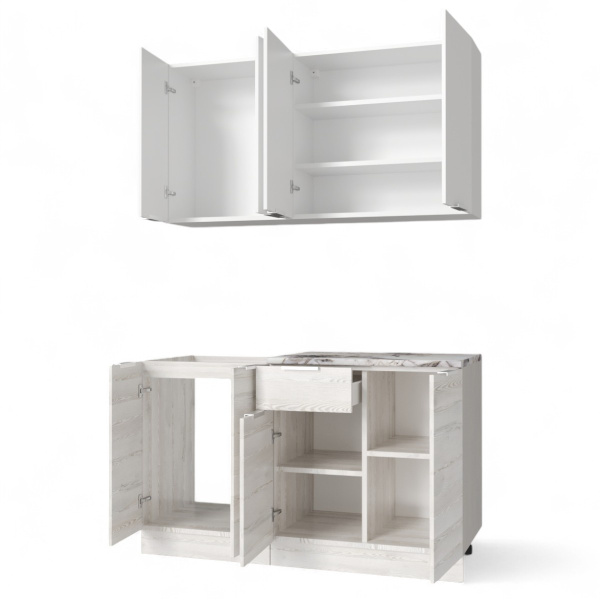 Кухонный гарнитур Регги Белый Жемчуг/Сосна Лофт (столеш.Альберика+сушка+планка) 1.4м 