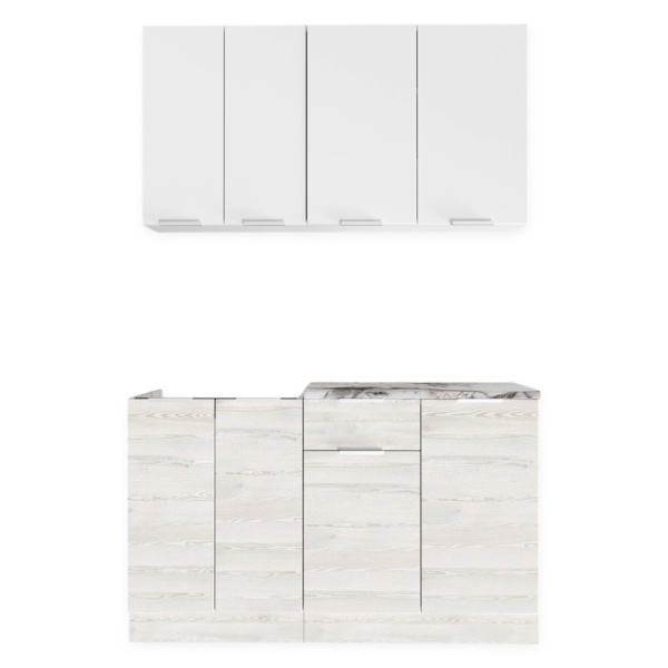 Кухонный гарнитур Регги Белый Жемчуг/Сосна Лофт (столеш.Альберика+сушка+планка) 1.4м 