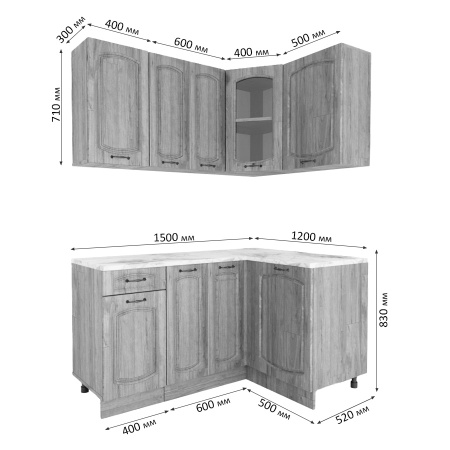 Угловая кухня РАВЕННА Дуб крафт / Орех антик 1,5м